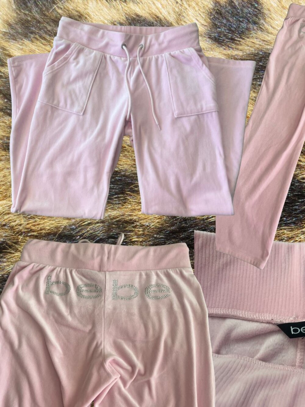bebe Pink Velour Rhinestone Logo Wide Leg Lounge Pants Size M